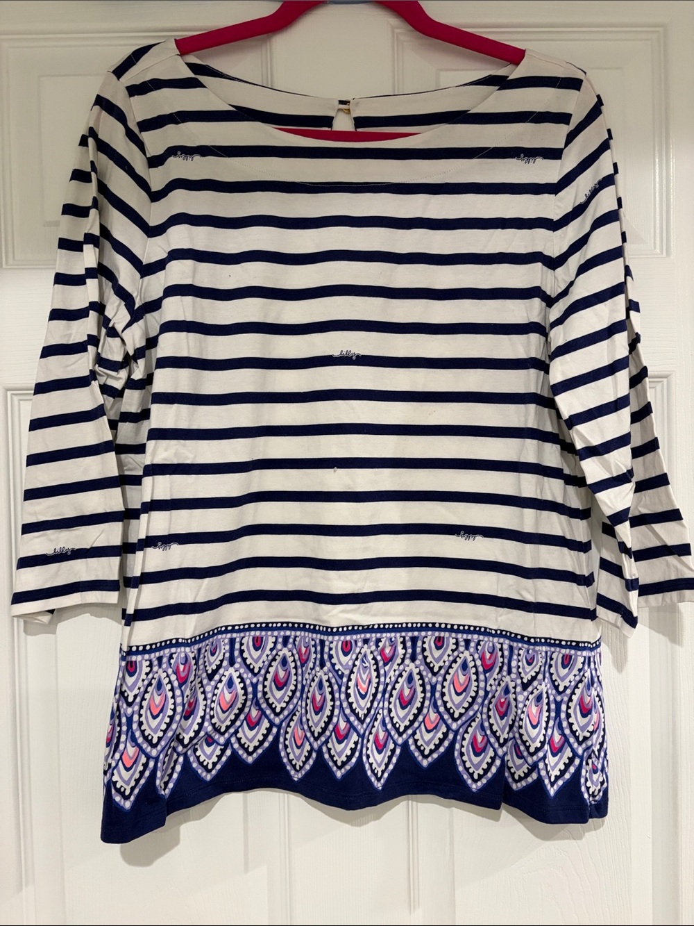Lilly Pulitzer Navy & White Striped Long Sleeve Top with Pink & Purple Border